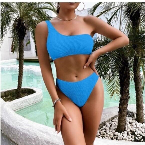 Women One-Shoulder Ribbed Bikini Blue Size M High-Waist Cheeky 2-Piece Swimsuit - Picture 1 of 8